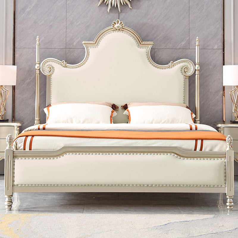 Solid Wood Upholstered Bed Frame Victorian Beige Standard Bed with Nailhead Trim