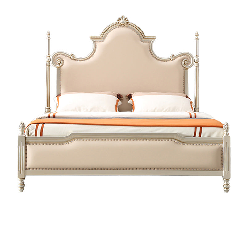 Solid Wood Upholstered Bed Frame Victorian Beige Standard Bed with Nailhead Trim