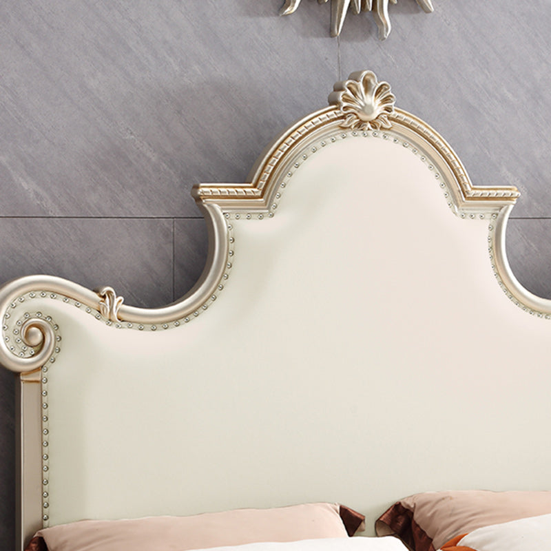 Solid Wood Upholstered Bed Frame Victorian Beige Standard Bed with Nailhead Trim