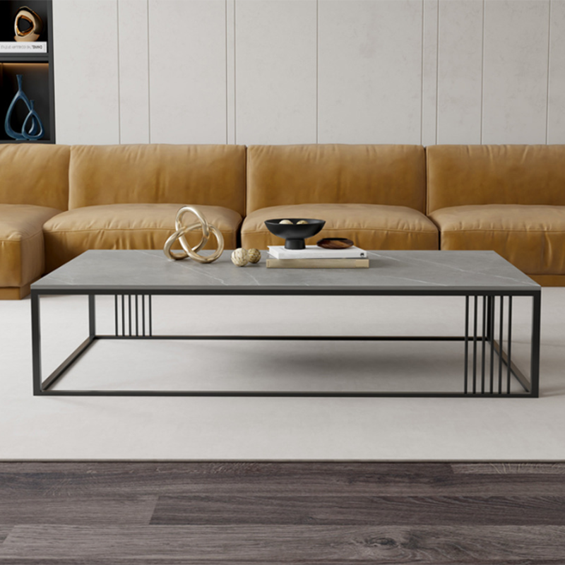 Contemporary 17.7" H Coffee Table Rectangular Stone Top Simple Cocktail Table