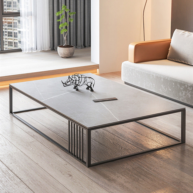 Contemporary 17.7" H Coffee Table Rectangular Stone Top Simple Cocktail Table