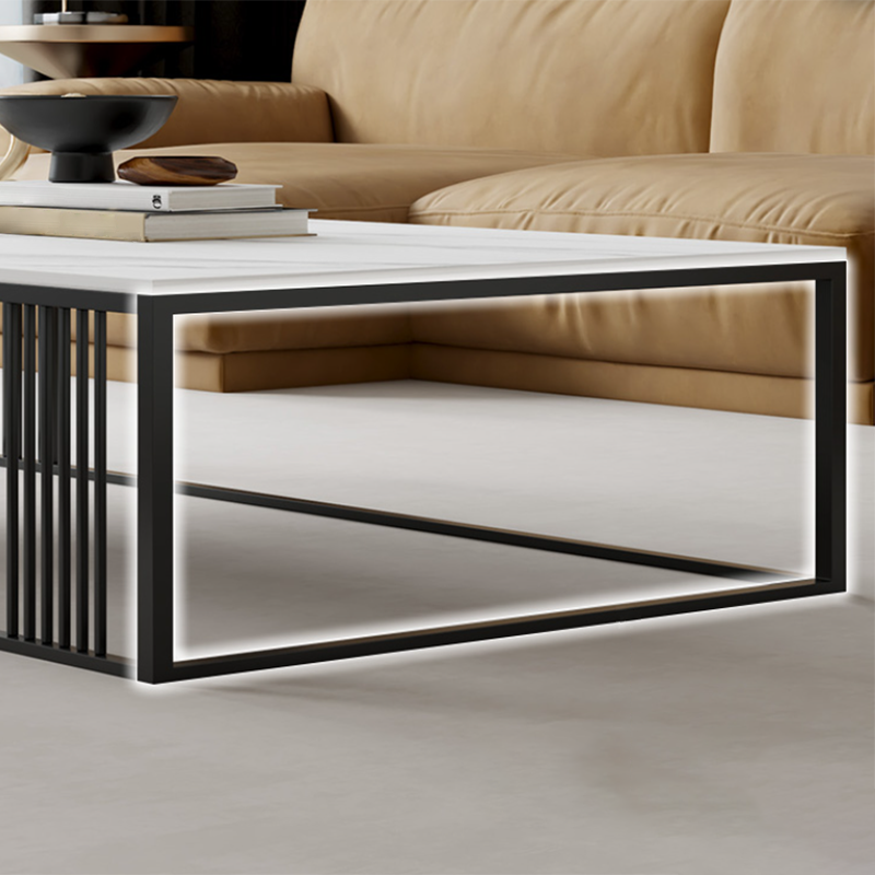 Contemporary 17.7" H Coffee Table Rectangular Stone Top Simple Cocktail Table