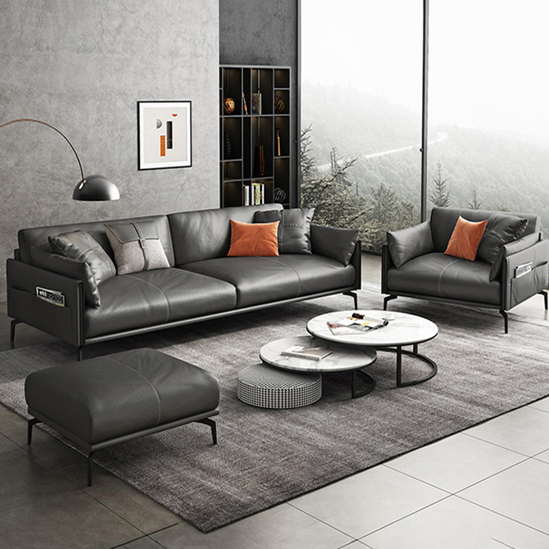 Gray Leather Sofa with Four Legs Contemporary Living Room Seating