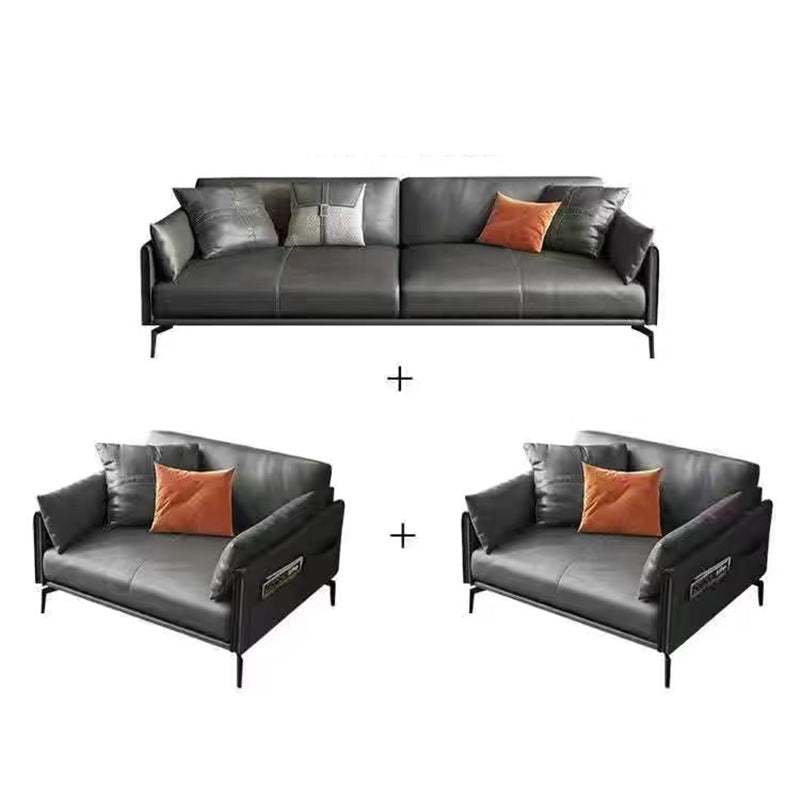 Gray Leather Sofa with Four Legs Contemporary Living Room Seating