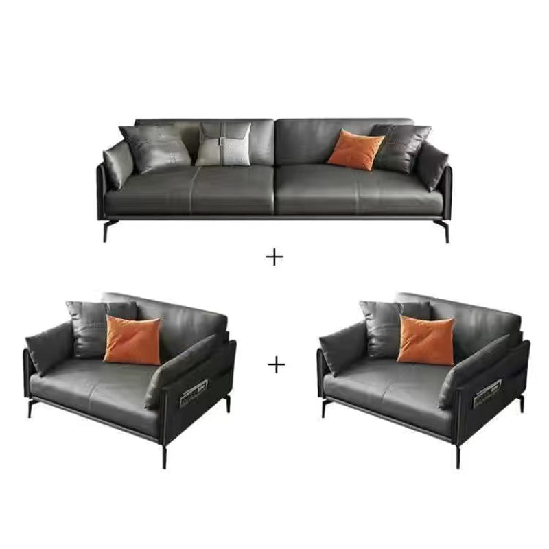Gray Leather Sofa with Four Legs Contemporary Living Room Seating