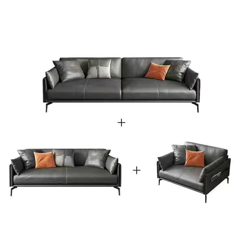 Gray Leather Sofa with Four Legs Contemporary Living Room Seating