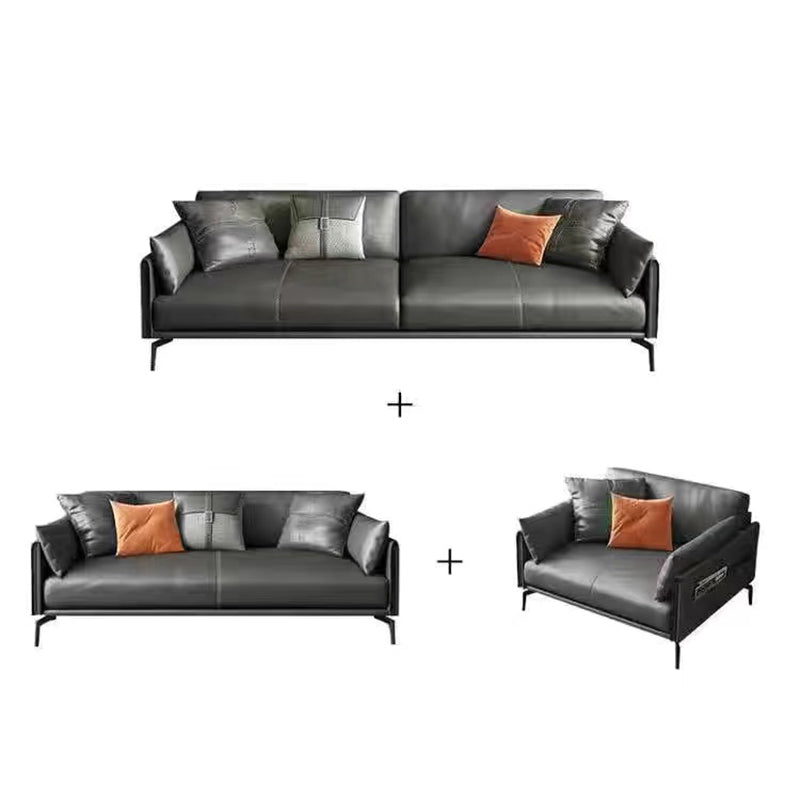 Gray Leather Sofa with Four Legs Contemporary Living Room Seating