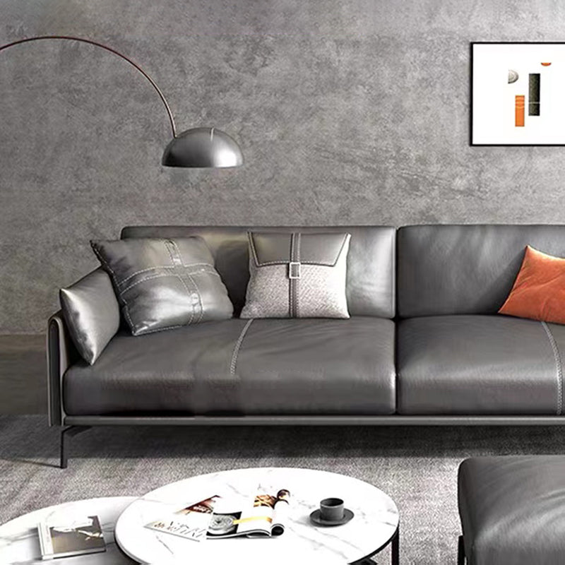 Gray Leather Sofa with Four Legs Contemporary Living Room Seating