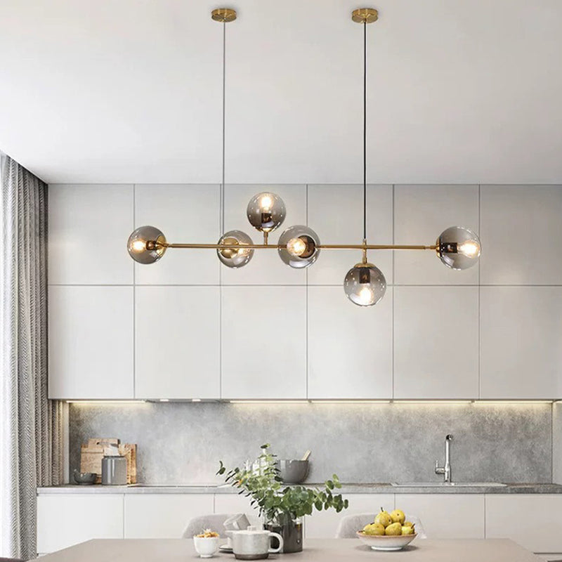 Linear 6 Light Pendant Ceiling Iron and Glass Modern Kitchen Island Light Fixture in Gold