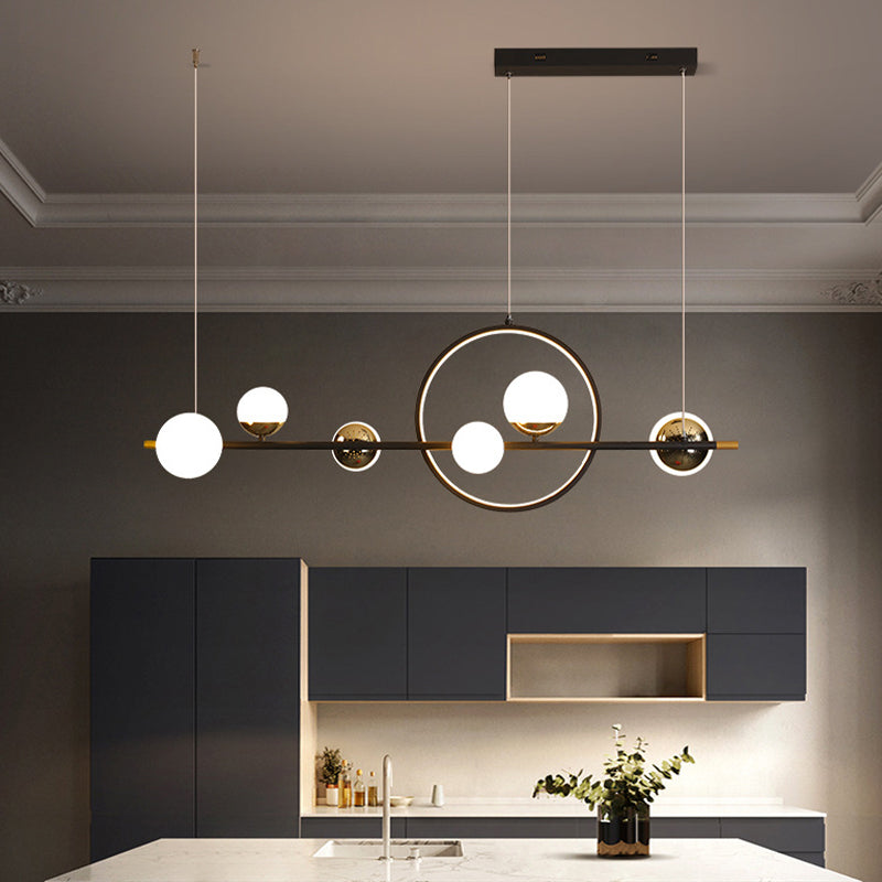 Modern Kitchen Island Fixture 6 - Head Metal and Glass Ceiling Pendant Lighting in Black