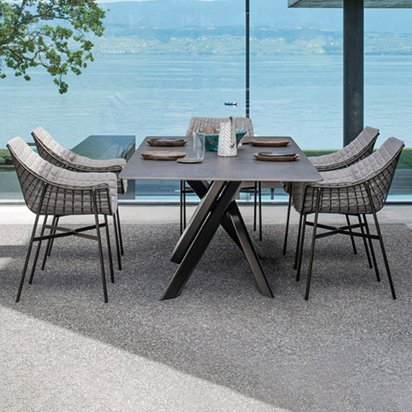 Industrial Rectangle Stone Top Patio Table Steel Frame Rust Resistant Patio Table