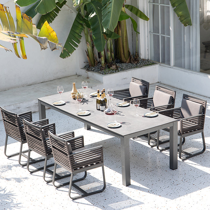 Industrial Rectangle Stone Top Patio Table Outdoor Rust Resistant Dining Table