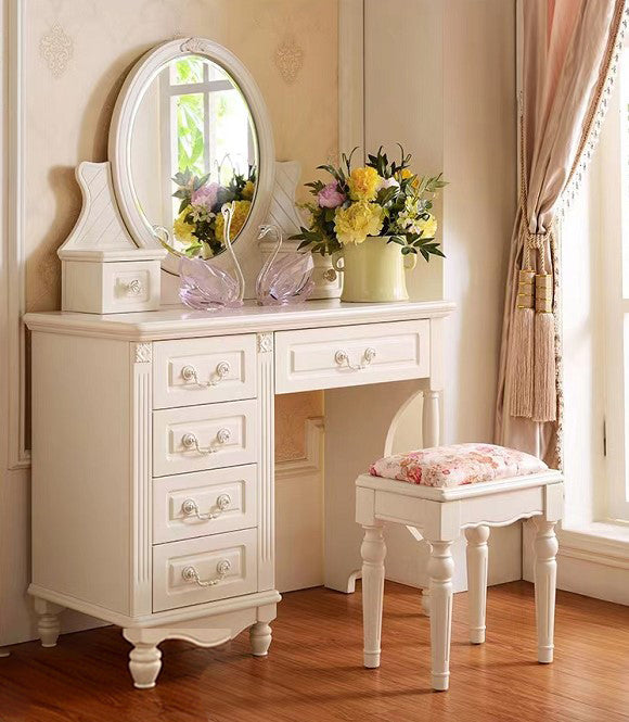 Victorian White Makeup Vanity Desk Bedroom Dressing Table Stool Set with Drawer