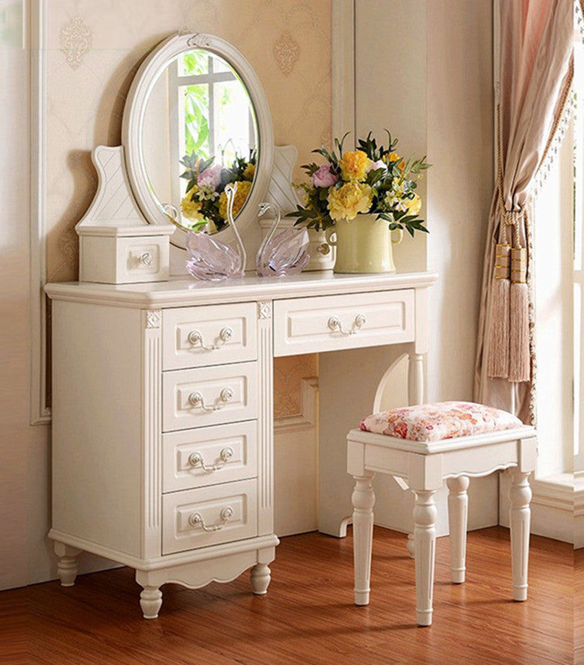 Victorian White Makeup Vanity Desk Bedroom Dressing Table Stool Set with Drawer