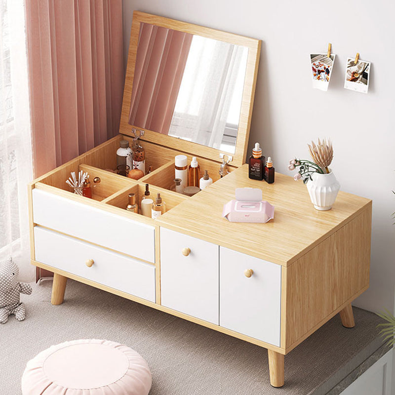 Contemporary Natural Bedroom Solid Wood Mirror With Drawer Makeup Vanity Set