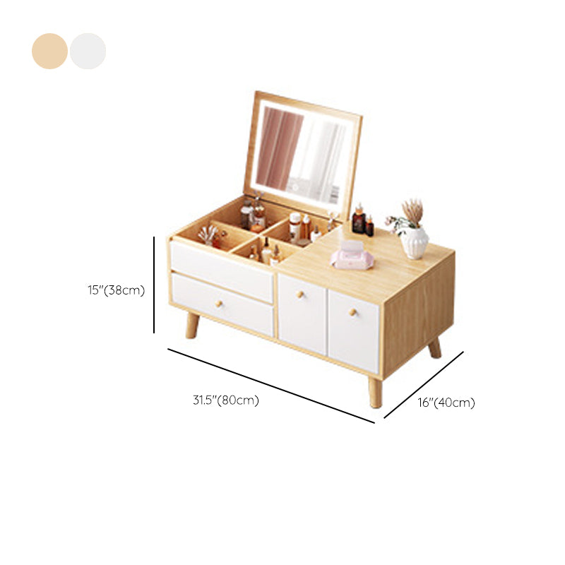 Contemporary Natural Bedroom Solid Wood Mirror With Drawer Makeup Vanity Set