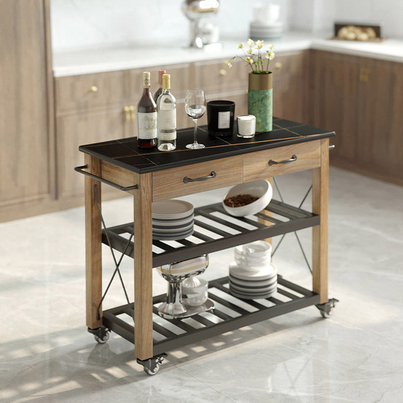 Open Storage Kitchen Trolley Rolling Prep Table with Open Shelves