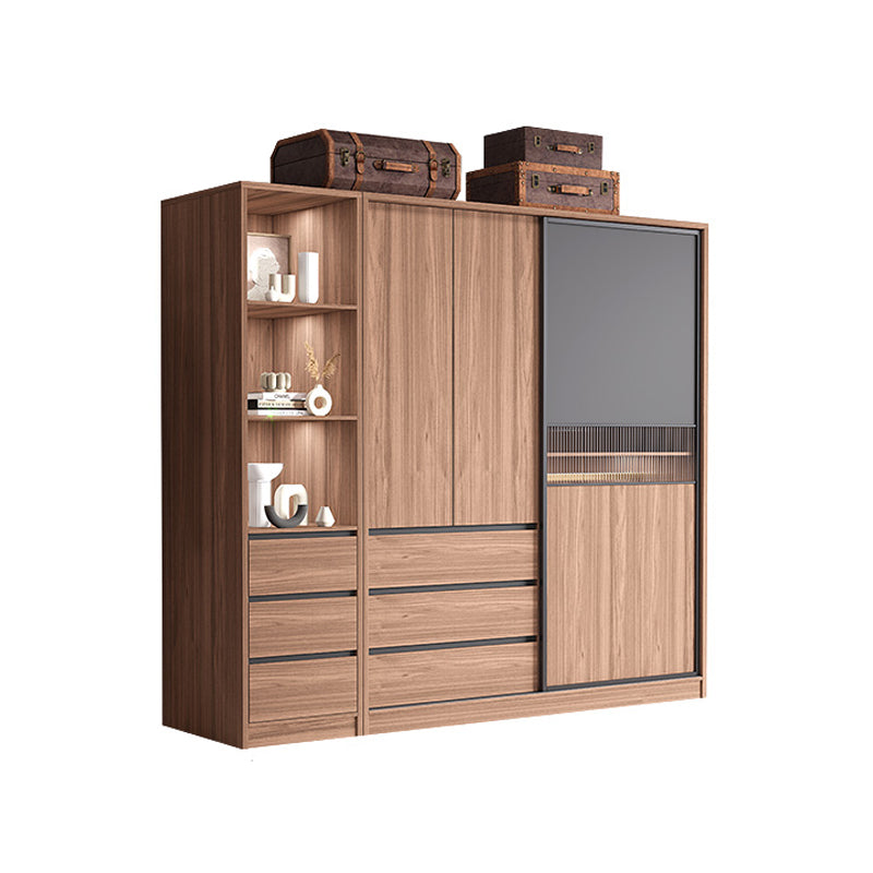 Contemporary Freestanding Wardrobe Armoire Brown Wood Wardrobe with Drawers