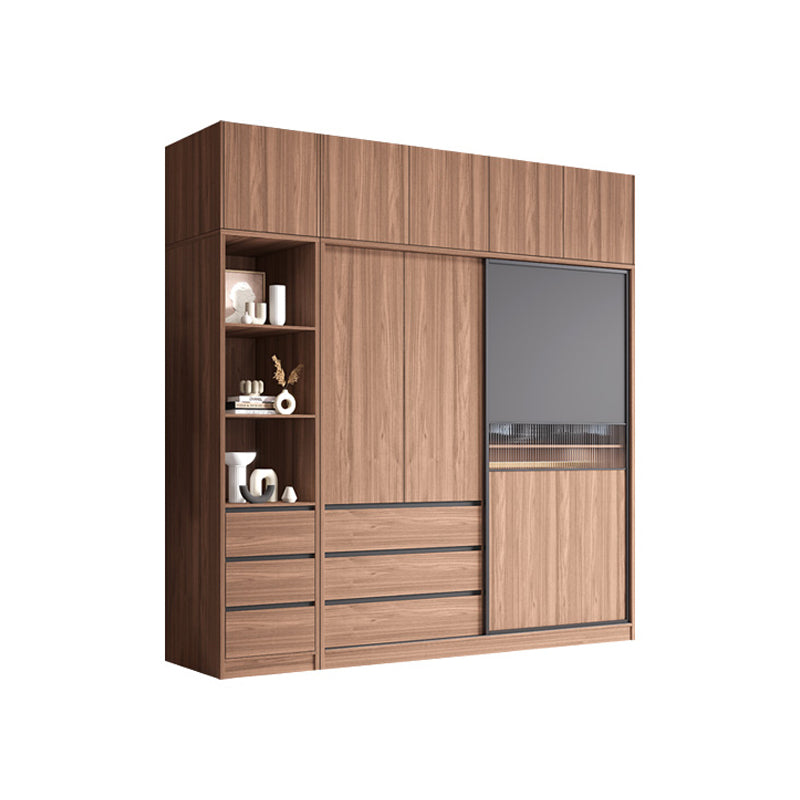 Contemporary Freestanding Wardrobe Armoire Brown Wood Wardrobe with Drawers