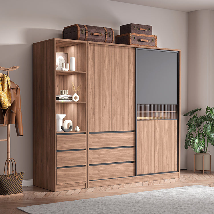 Contemporary Freestanding Wardrobe Armoire Brown Wood Wardrobe with Drawers