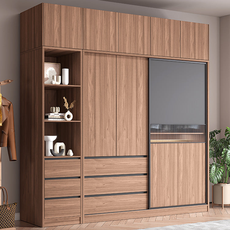Contemporary Freestanding Wardrobe Armoire Brown Wood Wardrobe with Drawers