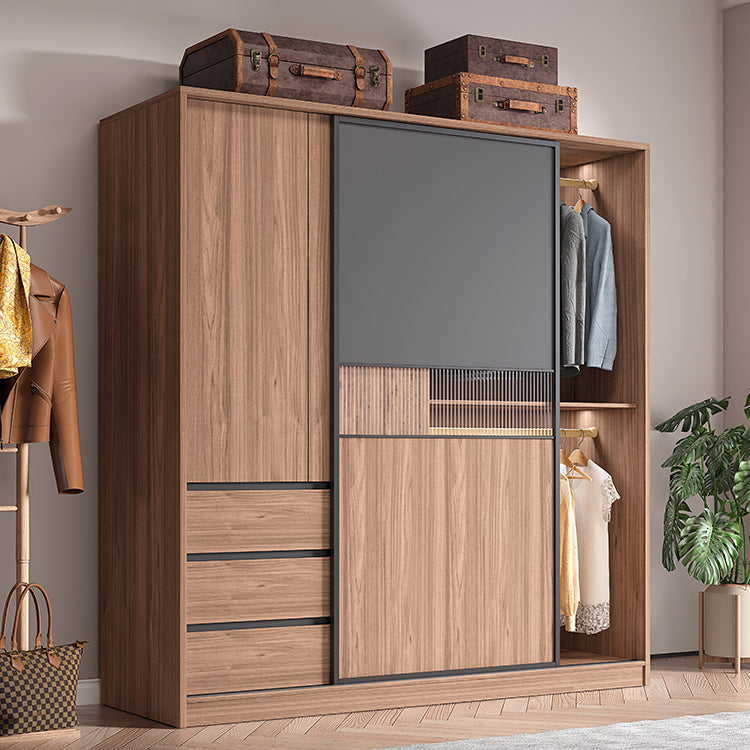 Contemporary Freestanding Wardrobe Armoire Brown Wood Wardrobe with Drawers