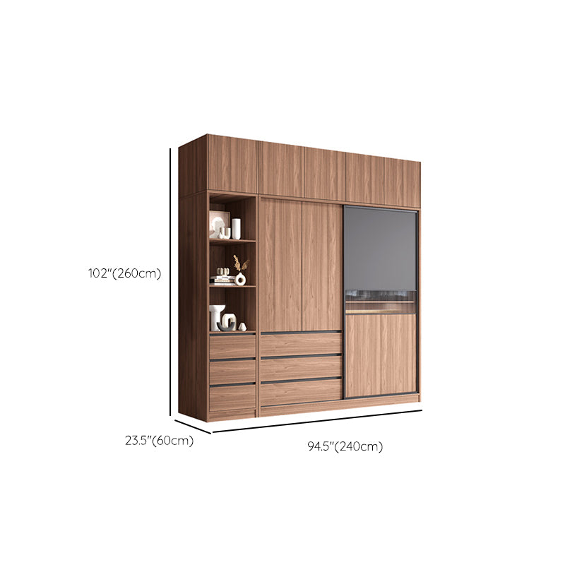 Contemporary Freestanding Wardrobe Armoire Brown Wood Wardrobe with Drawers