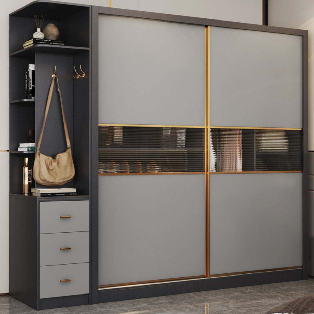 Modern Wood Freestanding Wardrobe Soft Close Drawer and Doors Wardrobe