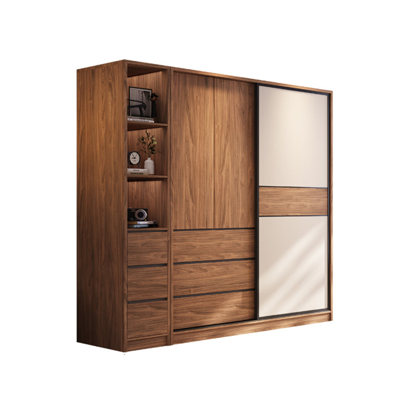 Modern Freestanding Wardrobe Brown Wood Wardrobe Armoire with Drawers