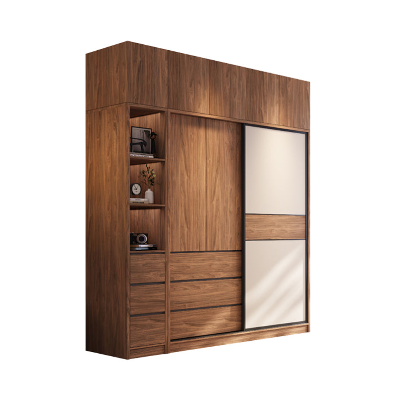 Modern Freestanding Wardrobe Brown Wood Wardrobe Armoire with Drawers