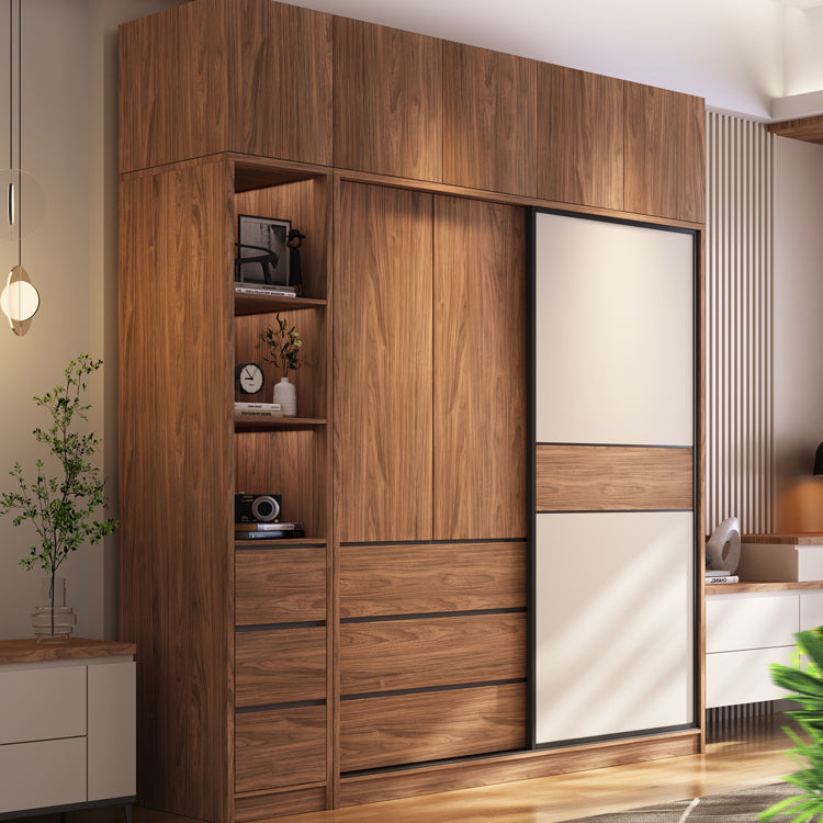 Modern Freestanding Wardrobe Brown Wood Wardrobe Armoire with Drawers