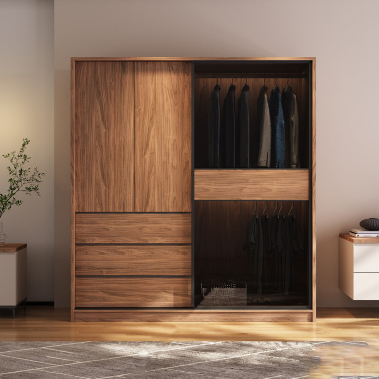 Modern Freestanding Wardrobe Brown Wood Wardrobe Armoire with Drawers