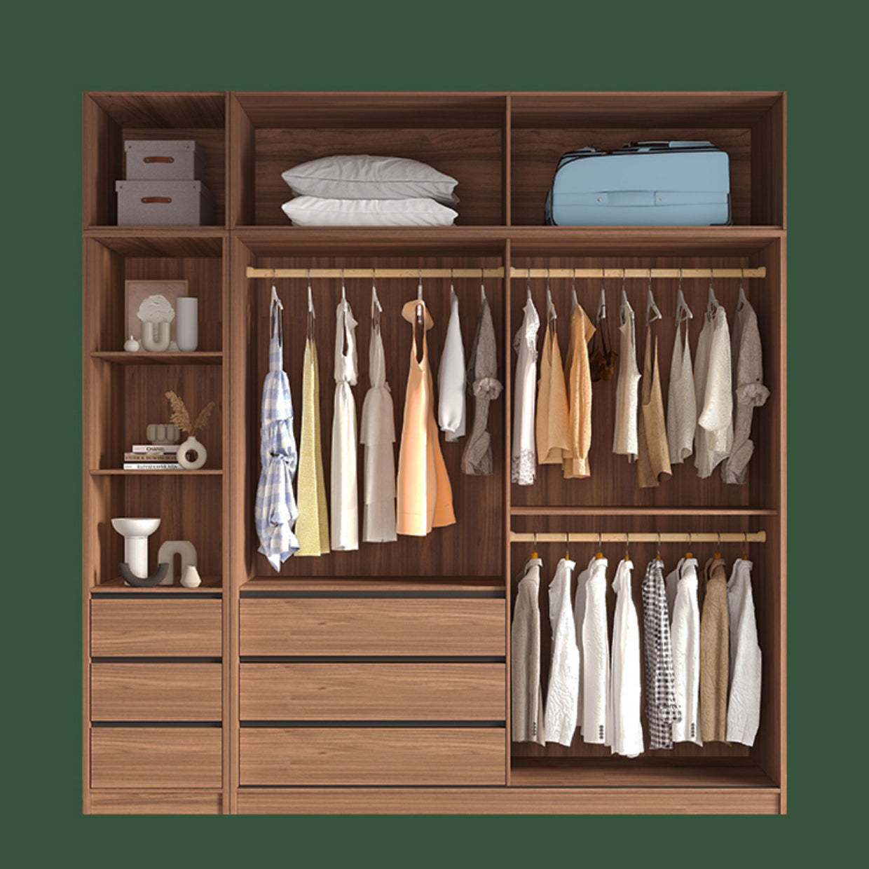 Modern Freestanding Wardrobe Brown Wood Wardrobe Armoire with Drawers
