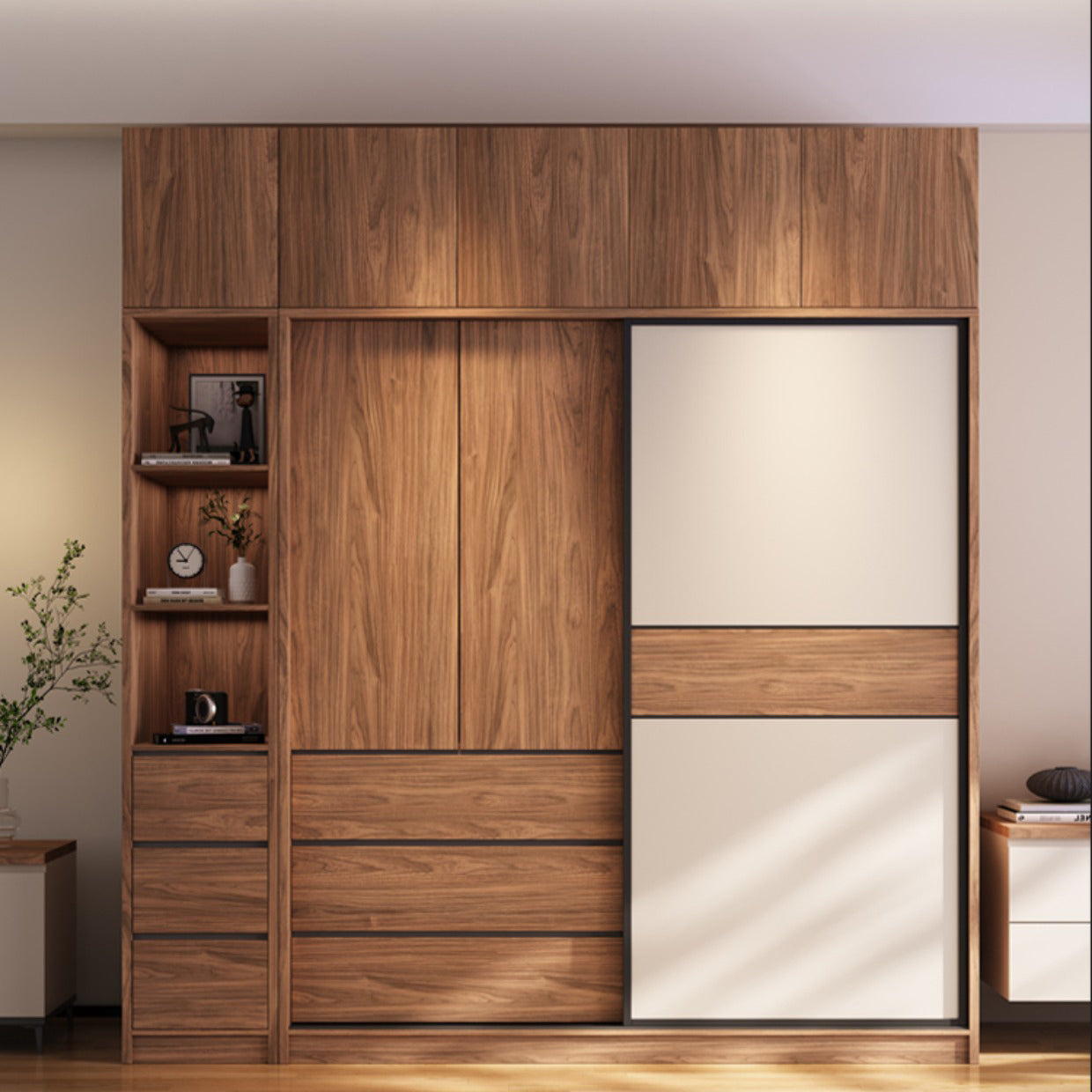 Modern Freestanding Wardrobe Brown Wood Wardrobe Armoire with Drawers