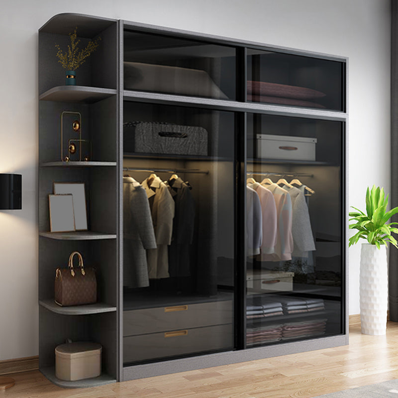 Contemporary Wood and Tempered Glass Wardrobe Freestanding Wardrobe Armoire without Light