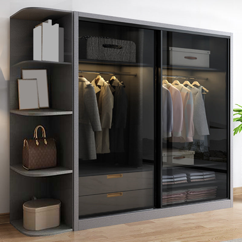 Contemporary Wood and Tempered Glass Wardrobe Freestanding Wardrobe Armoire without Light