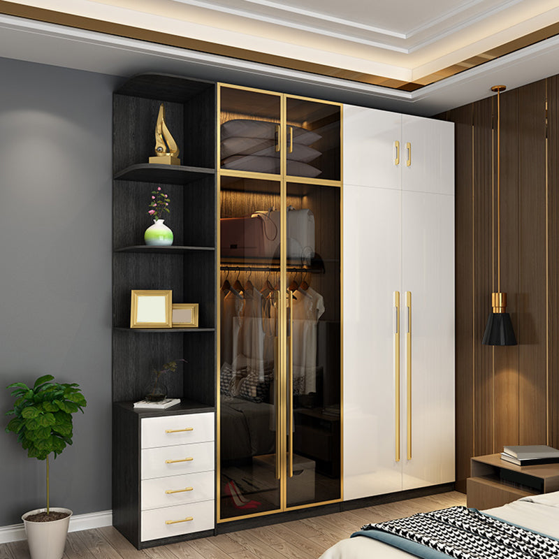 Modern Tempered Glass Doors Wardrobe Wood Frame Wardrobe without Light