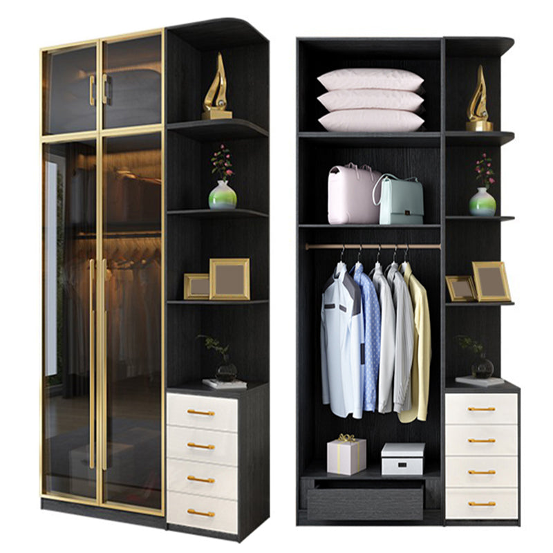 Modern Tempered Glass Doors Wardrobe Wood Frame Wardrobe without Light