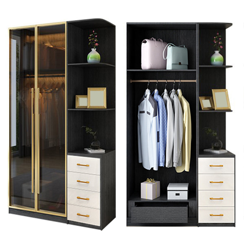 Modern Tempered Glass Doors Wardrobe Wood Frame Wardrobe without Light