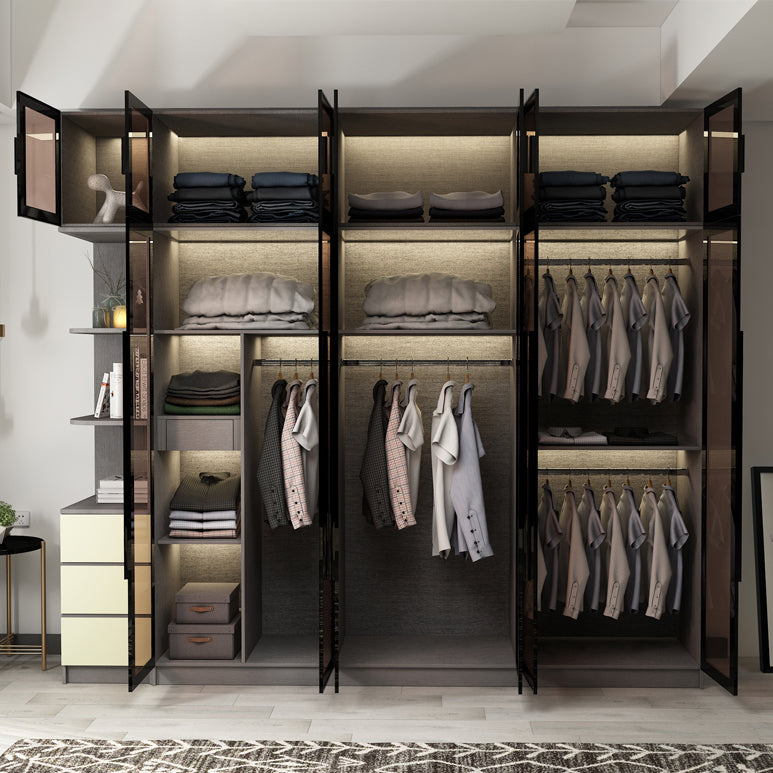 Modern Glass Hinged Doors Wardrobe Armoire Wood Frame Wardrobe with Shelves without Light