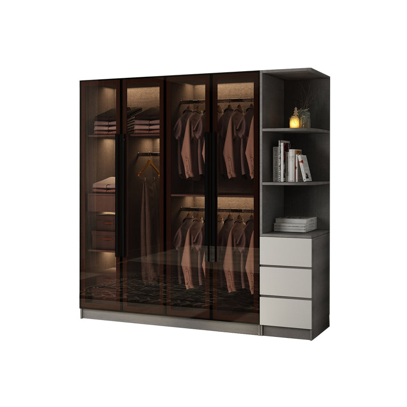 Modern Glass Hinged Doors Wardrobe Armoire Wood Frame Wardrobe with Shelves without Light