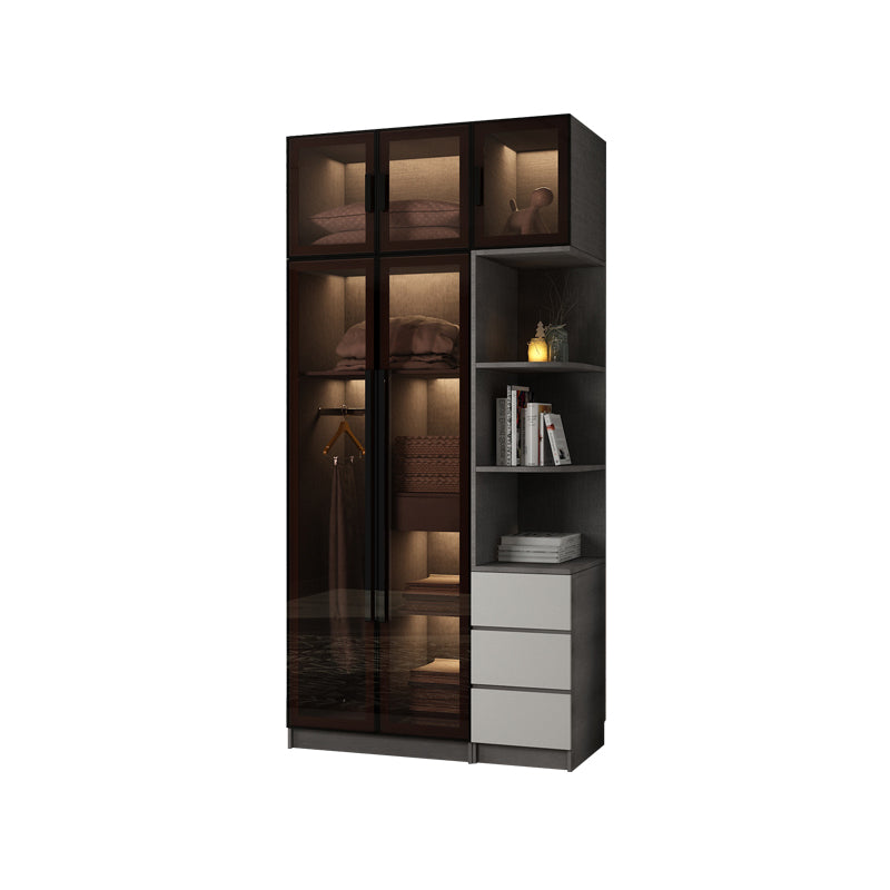 Modern Glass Hinged Doors Wardrobe Armoire Wood Frame Wardrobe with Shelves without Light