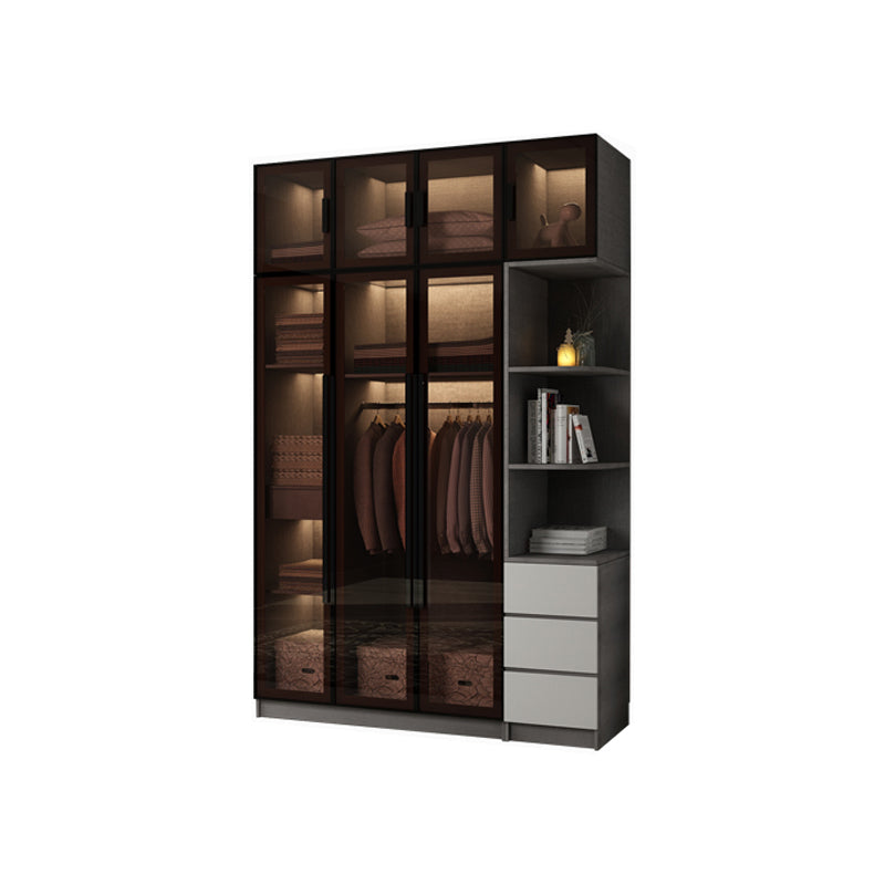 Modern Glass Hinged Doors Wardrobe Armoire Wood Frame Wardrobe with Shelves without Light