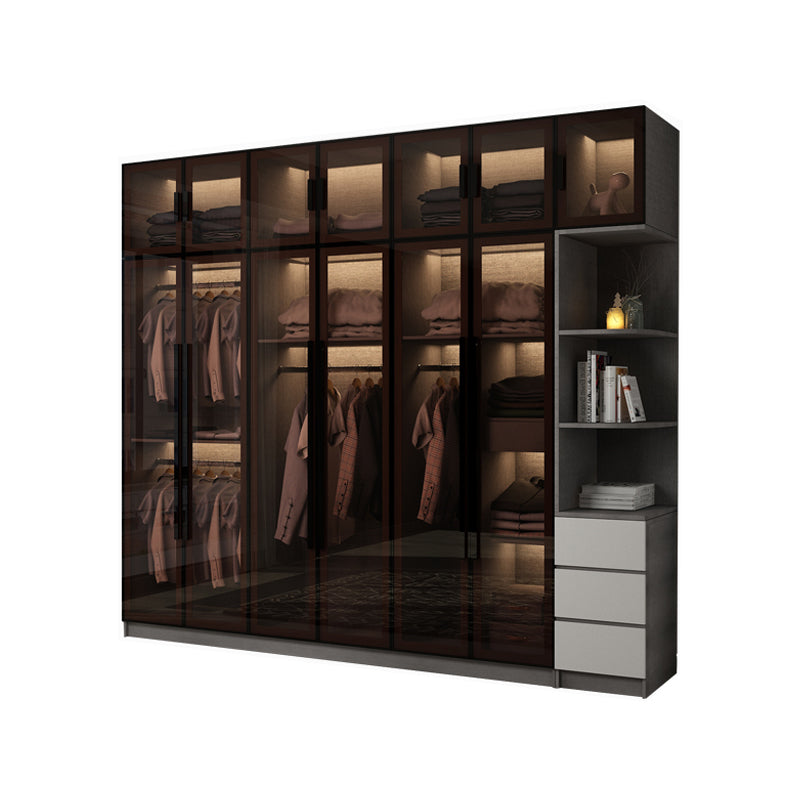 Modern Glass Hinged Doors Wardrobe Armoire Wood Frame Wardrobe with Shelves without Light