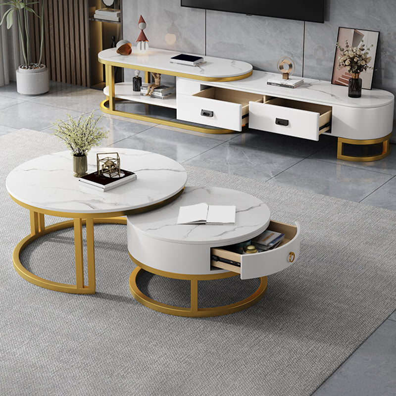 Contemporary Stone Media Console Open Storage 2 Drawers TV Console