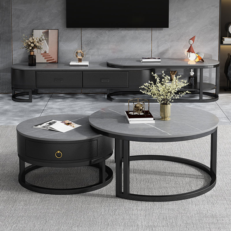 Contemporary Stone Media Console Open Storage 2 Drawers TV Console