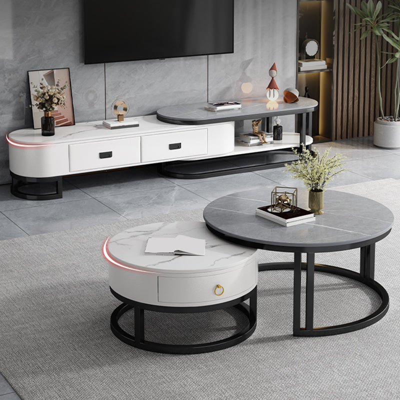 Contemporary Stone Media Console Open Storage 2 Drawers TV Console