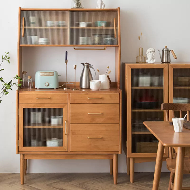 Contemporary Dining Hutch Pine Glass Doors Storage Cabinet for Living Room