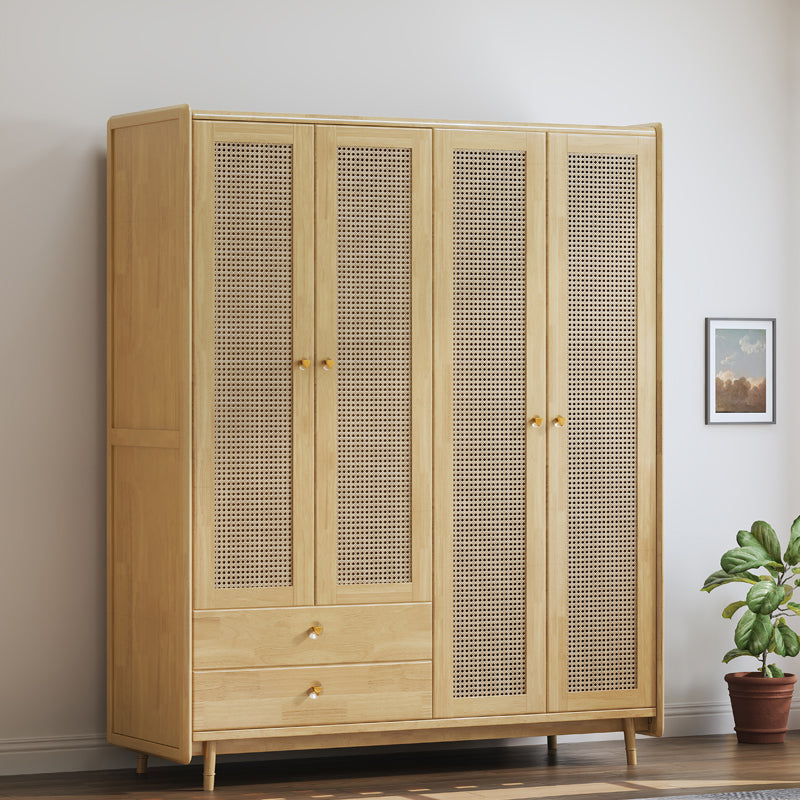 Rubberwood Solid Wood Frame Wardrobe Modern Rattan Hinged Doors with Legs