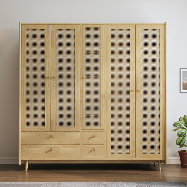 Rubberwood Solid Wood Frame Wardrobe Modern Rattan Hinged Doors with Legs